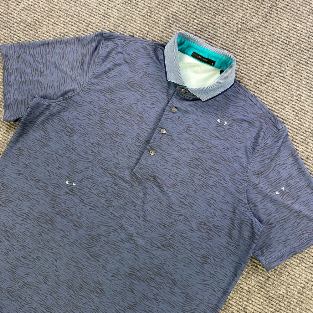 Greyson Tiger Stripe Mermaid Print Golf Polo Shirt‎ Mens Large Blue Short Sleeve